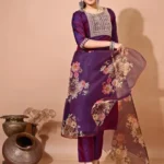 GoSriKi Women’s Cotton Blend Embroidered Kurta Set with Pant & Dupatta – Straight Calf‑Length, 3/4 Sleeve, Round Neck – Elegant Ethnic Attire