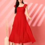 Shasmi Girl's & Women's Solid A-Line Ruched Puff Sleeve Maxi Long Evening One Piece Long Dress for Women Stylish